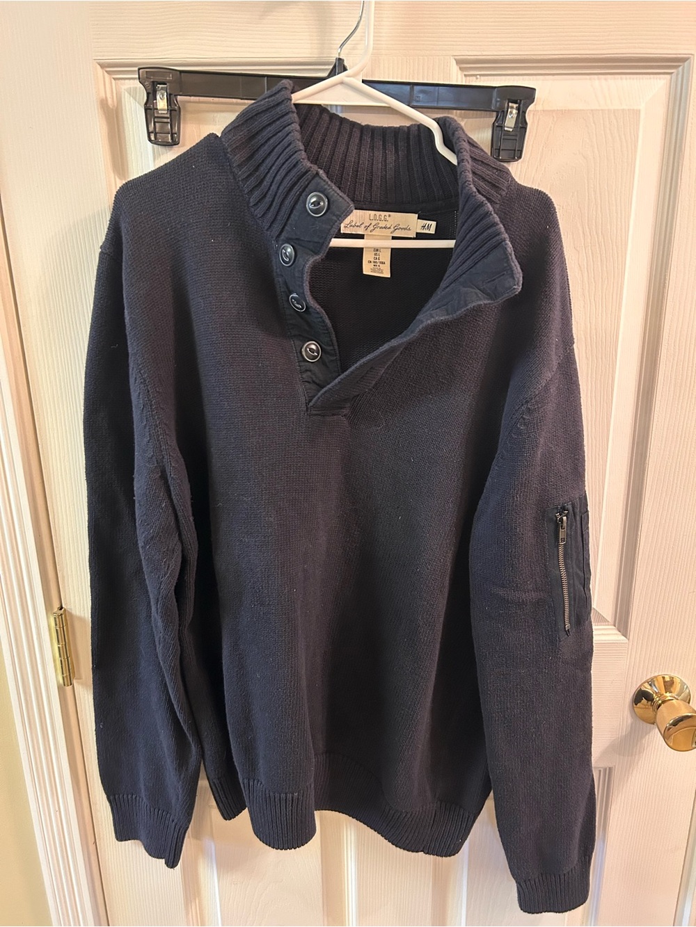 H&M Men's Navy Zip-Sleeve Button-Neck Sweater